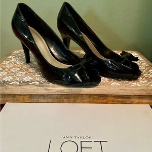 LOFT Black Patent Peep-Toe Heels with Bow Accent